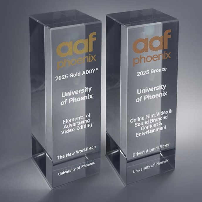 Side by side Phoenix AAF awards for University of Phoenix on elements of advertising on video editing and online film, video and sound on branded content & entertainment