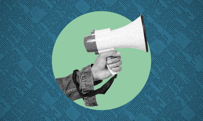 Hand extended and holding a megaphone against a teal background.