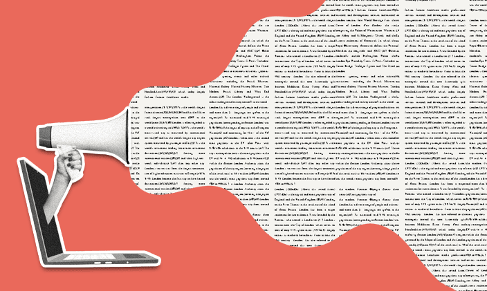 A megaphone with a large text bubble extends out from an open laptop.