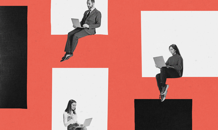 Three people sitting down each holding a laptop computer, each one framed in a square.