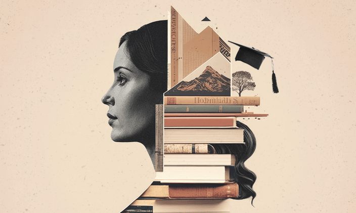 A side profile of a woman's face looking left and a stack of books behind her head.
