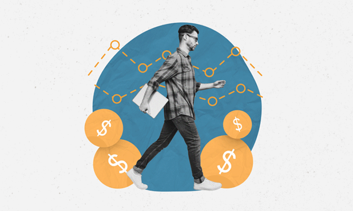 A student walking with a book in hand. Dollar signs appear in the background. 