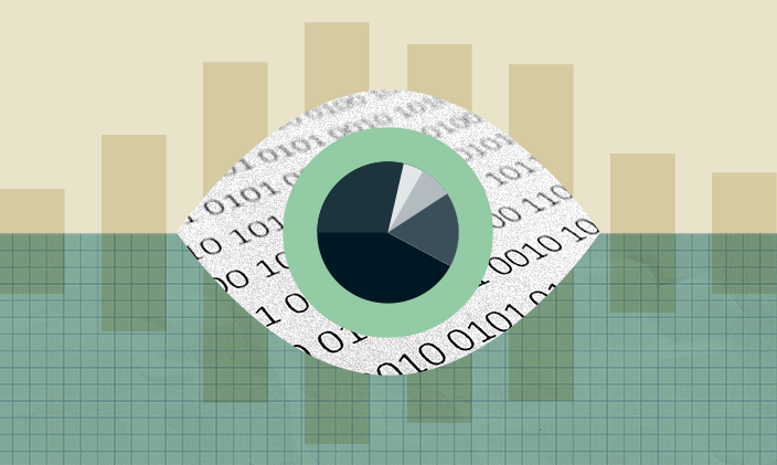 An eye illustration showing bar charts and computer code to represent AI research