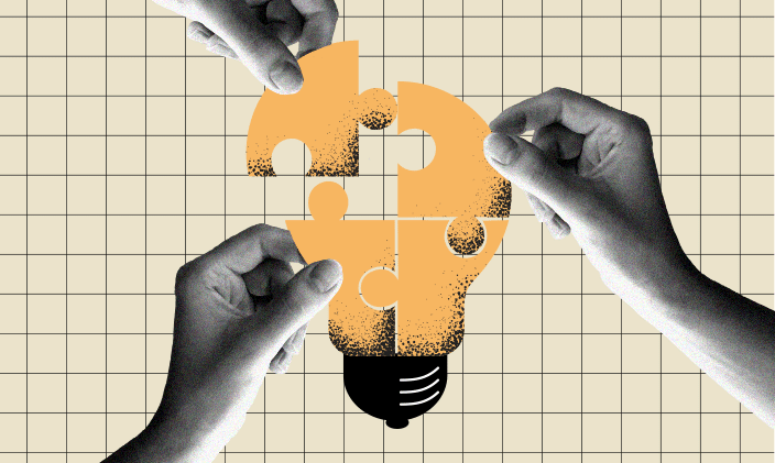 Three hands holding puzzle pieces to form a lightbulb, representing new research on generative AI and predictive analytics. 