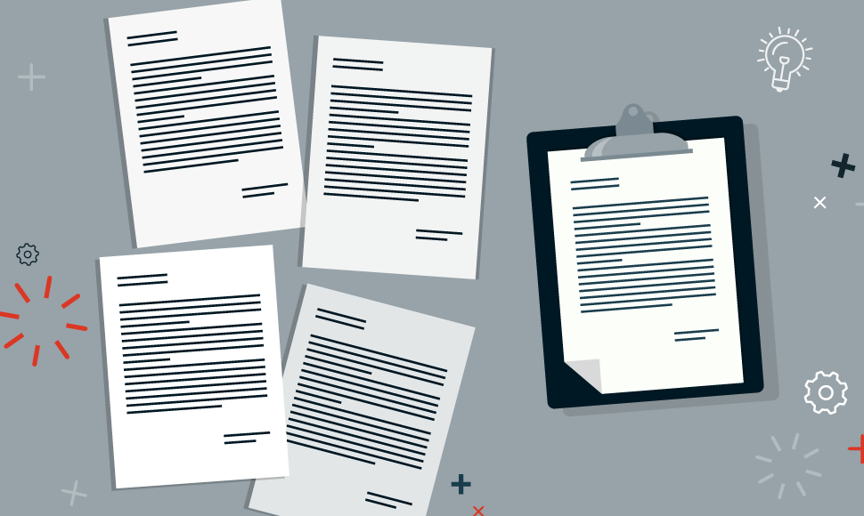 Five white papers and a clipboard