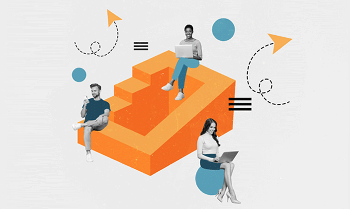 Three people seated around an orange block with arrows pointed upwards around them.