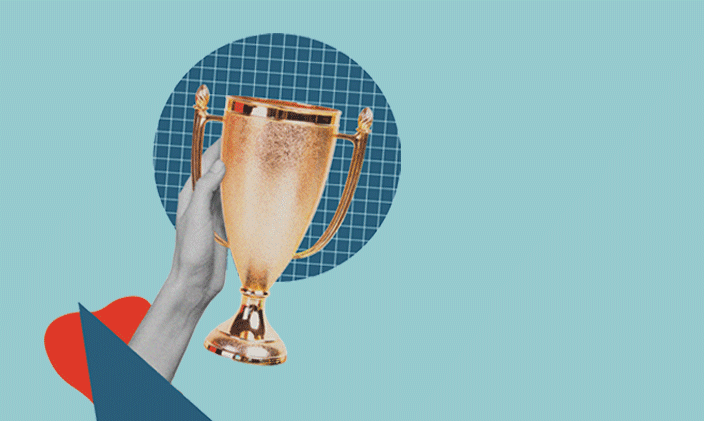A hand holding a gold trophy against a blue and teal background.