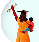 graduate holding her child and a diploma