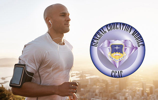 Community College of the Air Force General Education Mobile logo with military student on a run