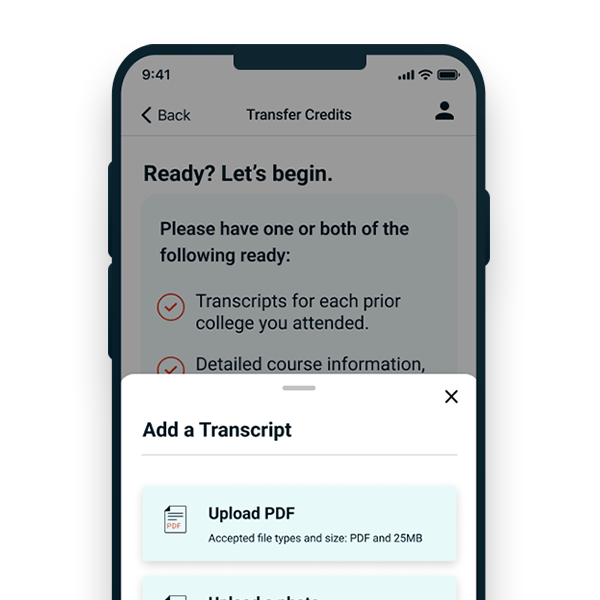 Mobile screen shot of Add a transcript. Upload PDF