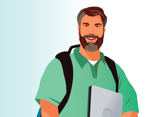 A doctoral student wears a backpack and carries a laptop