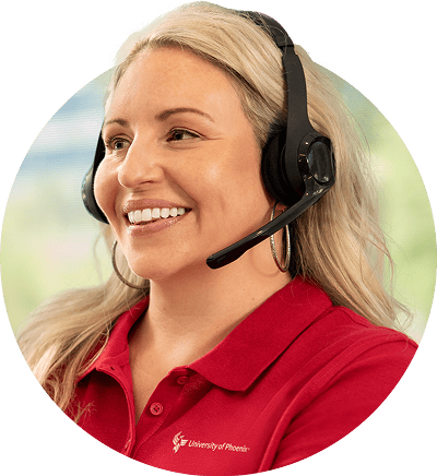 University of Phoenix enrollment representative provides doctoral support over a headset for online DBA students.