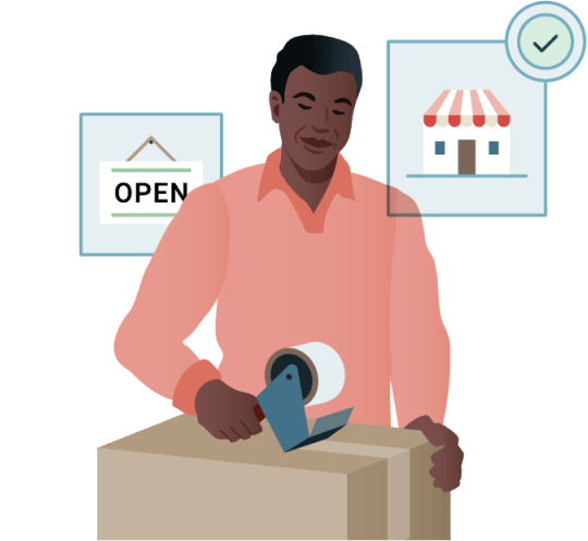 An illustration of a business owner packing to move to a larger shop