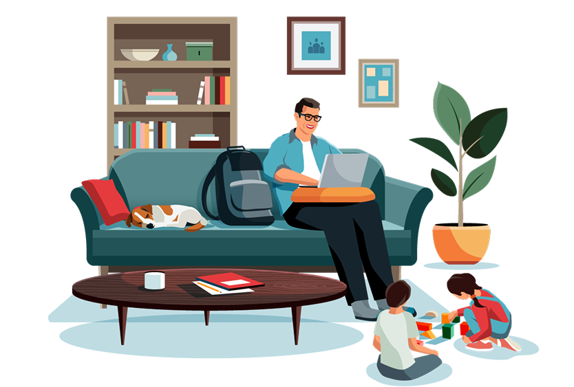 A man working on school at home amongst his family