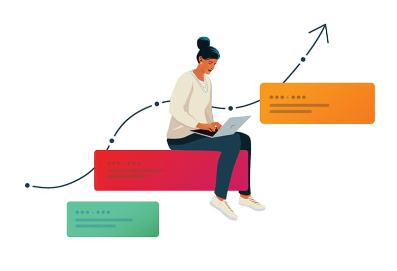 Illustration of a student researching labor statistics on a laptop