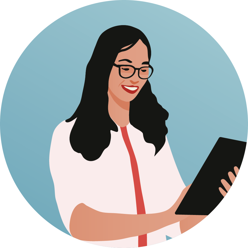 An illustration of a woman with dark hair and glasses holds a tablet, symbolizing opportunity with an MBA.