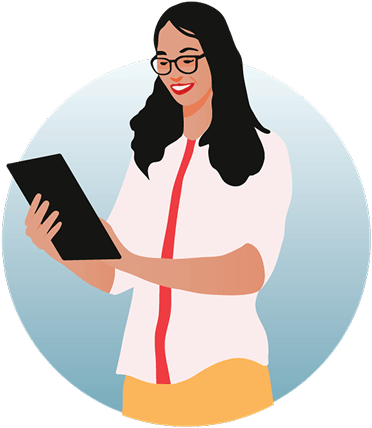 An illustration of a woman with dark hair and glasses holds a tablet, symbolizing opportunity with an MBA.