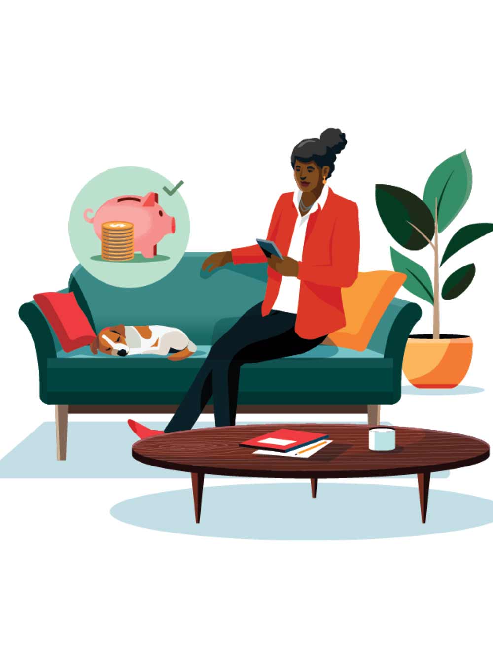 A woman sitting on a couch with a dog, showcasing the concept of budgeting and saving money