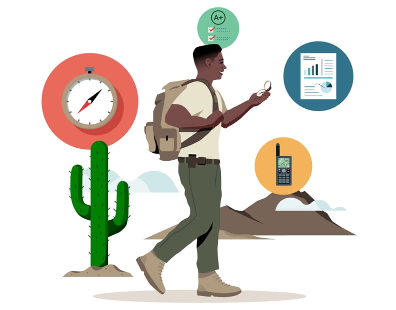 Illustration of a student hiking through the desert reviewing their course learnings on their cell phone.