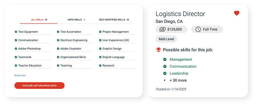 Left image: With our career navigator, keep track of the skills you earn. Right image: See how your skills compare to job postings tailored to you.