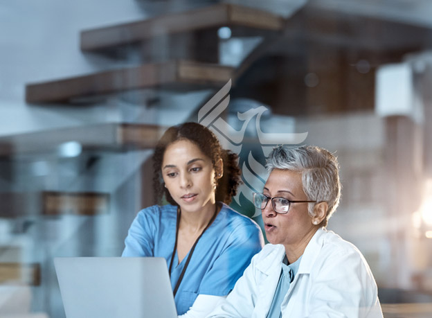 Healthcare workers reviewing information on a computer screen