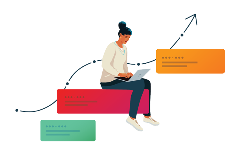 Illustration of a student researching labor statistics on a laptop