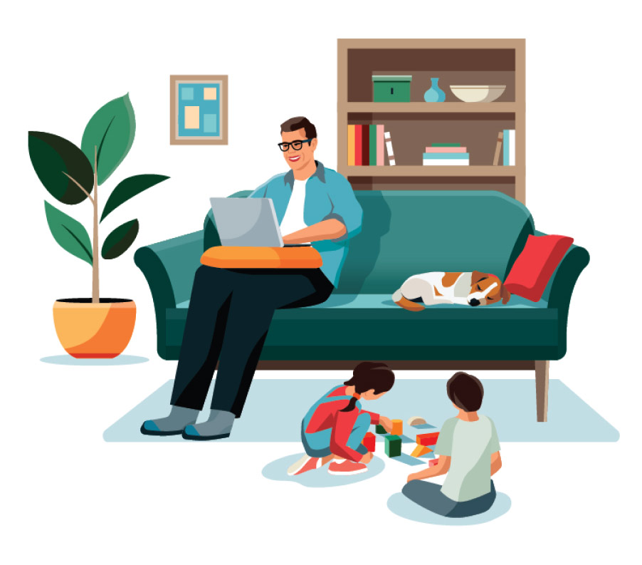 A student sitting on a couch working on school amongst their family