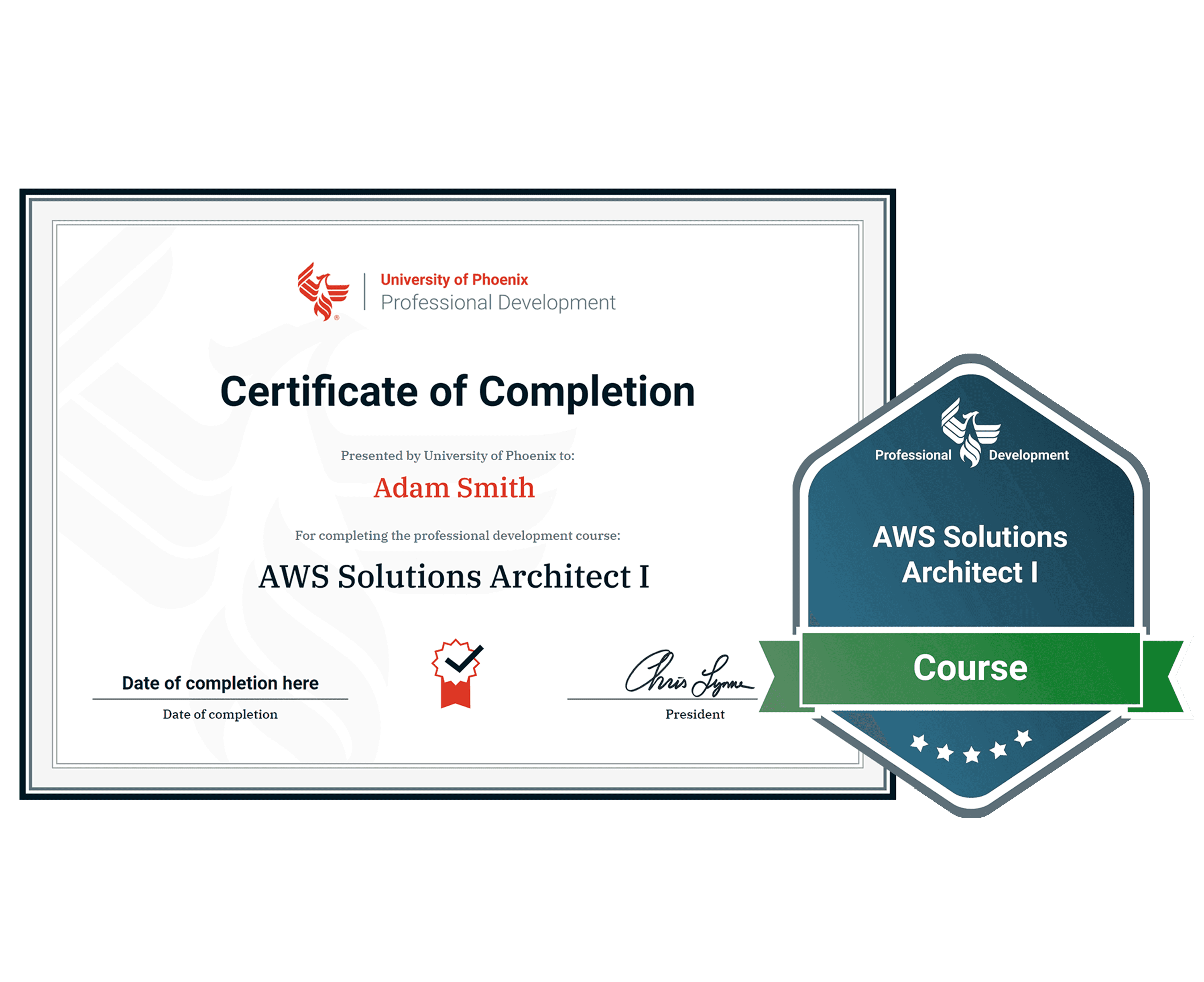 Sample certificate and badge for AWS Solutions Architect 1 course