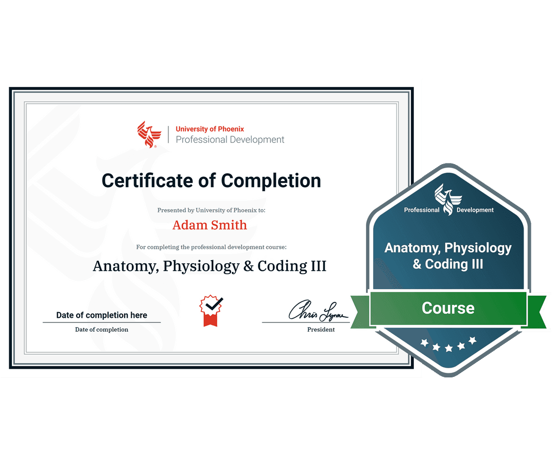 Sample certificate and badge for Anatomy, Physiology and Coding 3 course