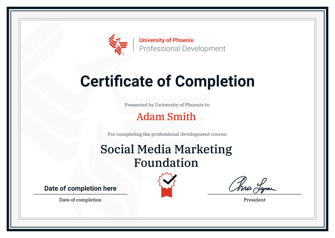 Certificate for Social Media Marketing Foundation awarded to Adam Smith.