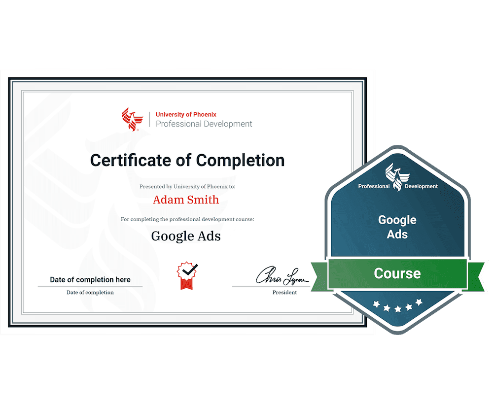 Sample certificate and badge for  Google Ads course