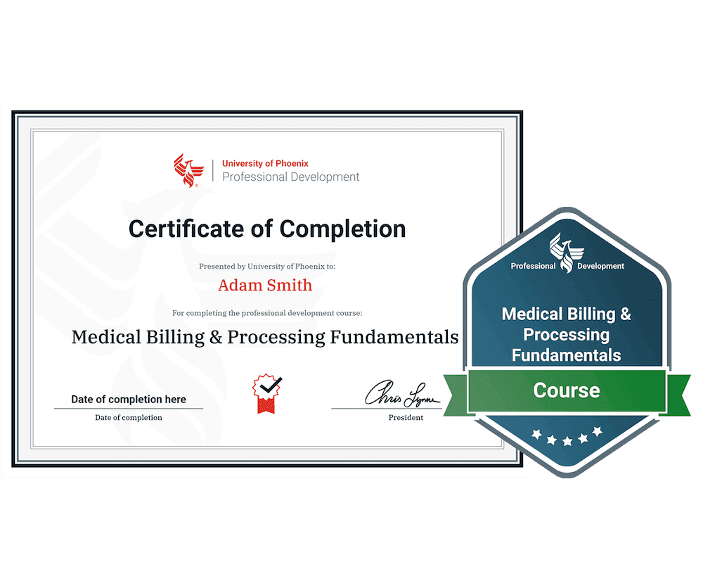 Sample certificate and badge for Medical Billing and Processing Fundamentals ourse
