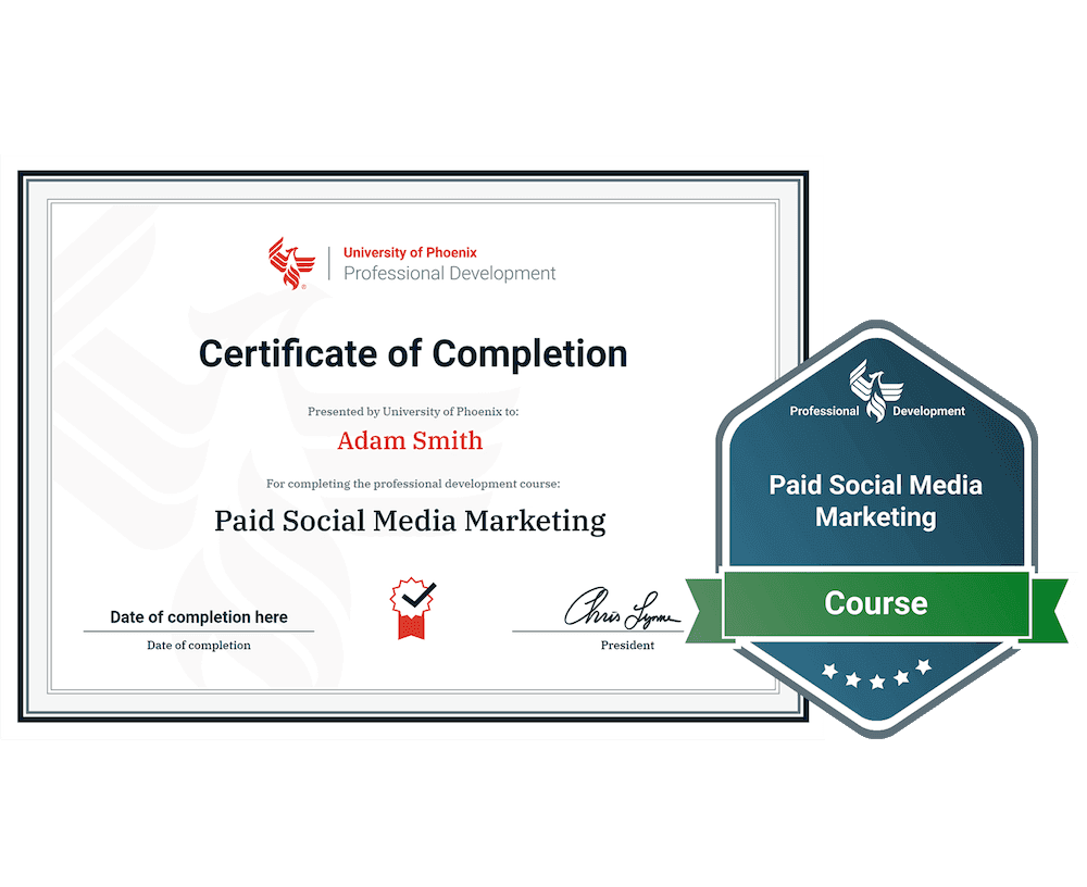 Sample certificate and badge for Paid Social Media Marketing course