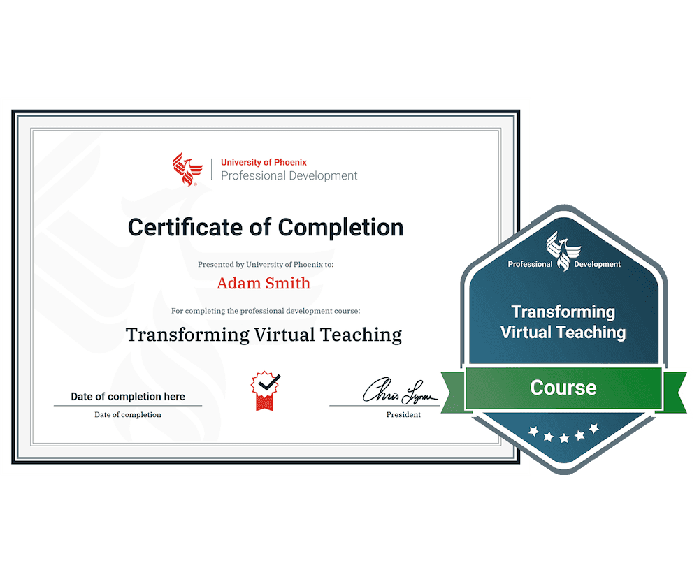 Sample certificate and badge for Transforming Virtual Teaching