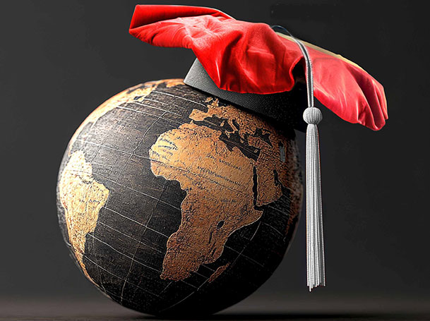 A globe topped with a doctoral tam.