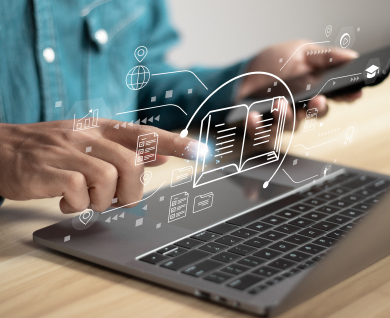 Person using a laptop with illustrations representing AI floating above the keyboard