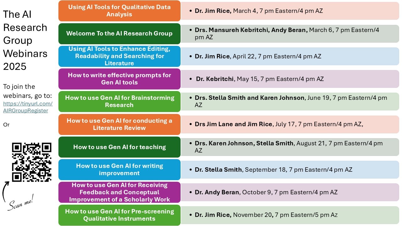 Remaining webinars for 2025: "How to use GenAI for Receiving Feedback and Conceptual Improvement of a Scholarly Work on Oct. 9 at 7 pm ET, and "How to use GenAI for Pre-screening Qualitative Instruments" on Nov. 20 at 7 pm, ET.