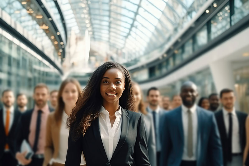 A businesswoman leads a group of professionals