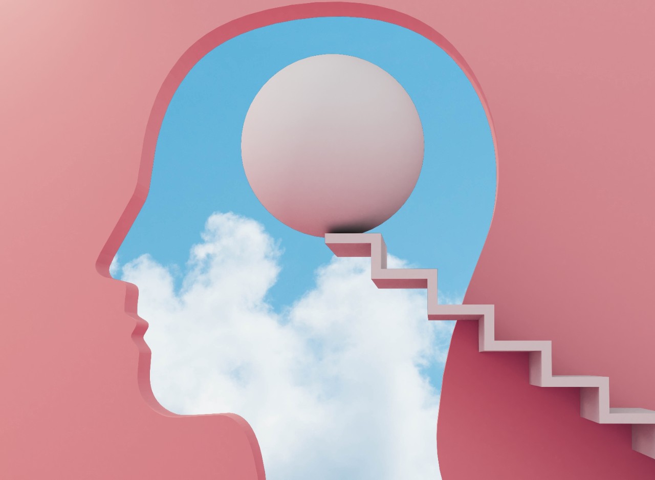 Image of a profiled face and inside stairs in the clouds leading to a large circular object