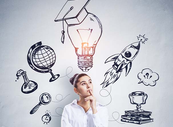 An illustration showing a woman thinking about ways to lead
