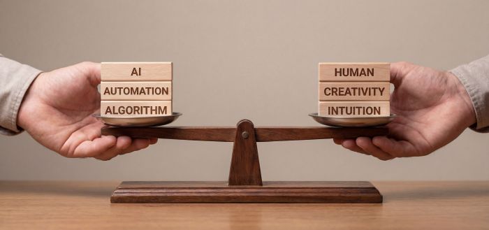 A balance scale showing "AI, Automation, Algorithm" on one side, "Human, Creativity, Intiution" on the other.
