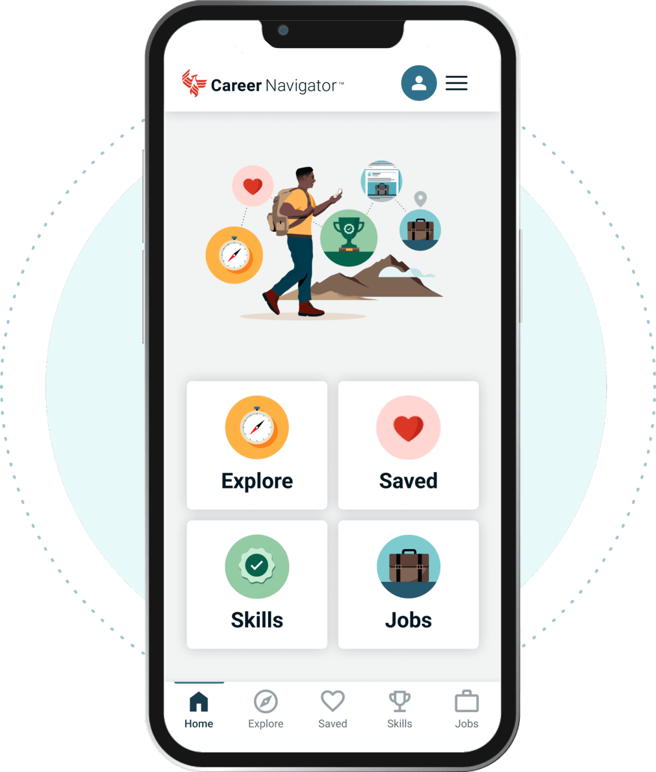 Mobile phone displaying career navigator tools for Explore, Saved, Skills, and Jobs