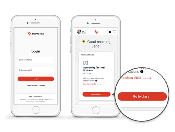 The login screen for MyPhoenix and instructions on how to go to class on mobile