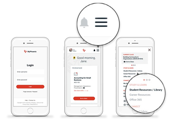 A side by side image of MyPhoenix with visual instructions on how to find the University Library