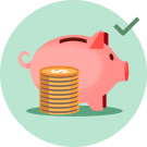 A green circle with a pink piggy bank in the middle standing next to a stack of gold coins