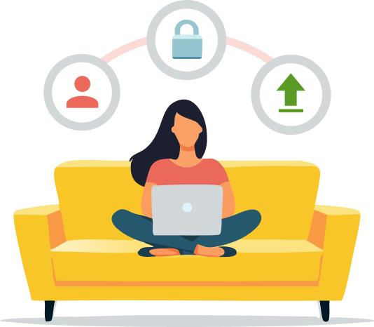 Illustration of a student exploring transfer college credits by uploading transcripts on laptop while sitting on a couch surrounded by icons representing account creation and a secure transcript upload.