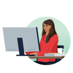 Illustration of young person at desktop computer exploring University of Phoenix online programs
