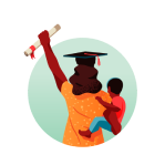 Illustration of graduate in cap holding her infant and raising her diploma in triumph
