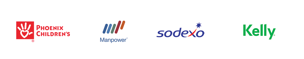 logos for the following organizations: phoenix children's hospital, manpower, sodexo and kelly