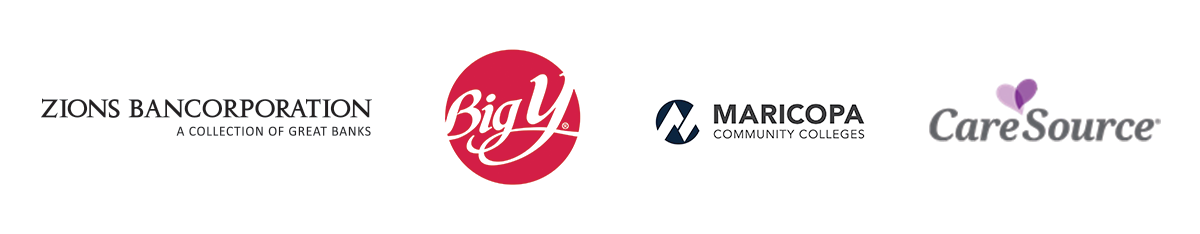 logos for the following organizations: zions bancorporation, big y, maricopa community colleges and care source